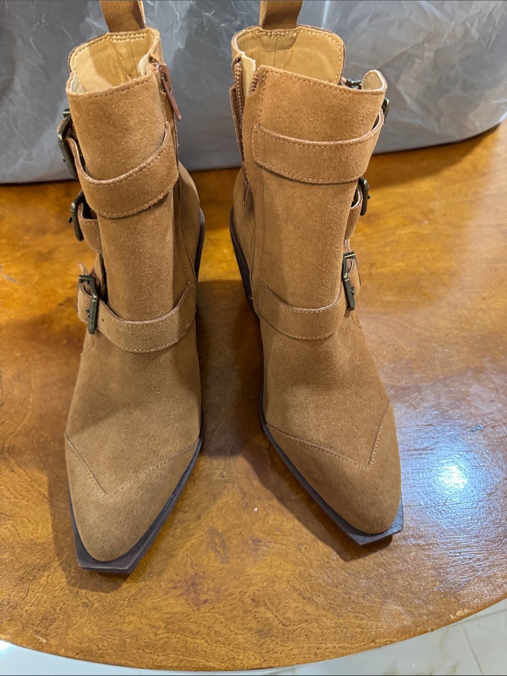 Crown Suede Pointed-Toe Ankle Booties in Tan with Buckle Straps